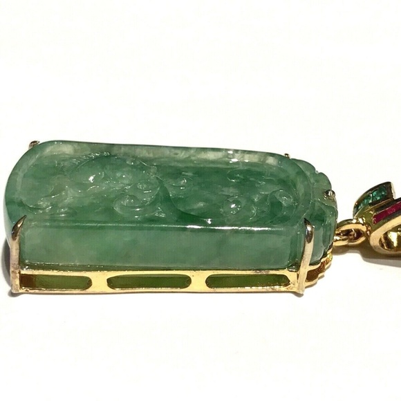 Vtg Signed Gilt 925 Sterling Carved Fish Jade Pendant Emerald Sapphire Ruby - Picture 5 of 12